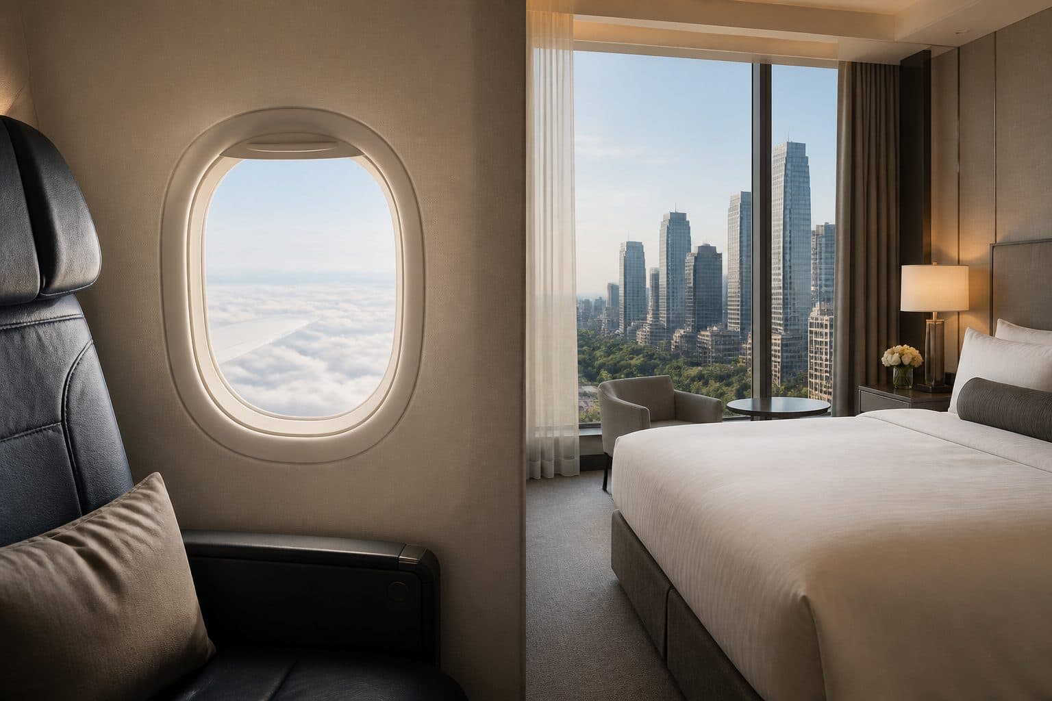 Split view of an airplane window seat and a luxury hotel room