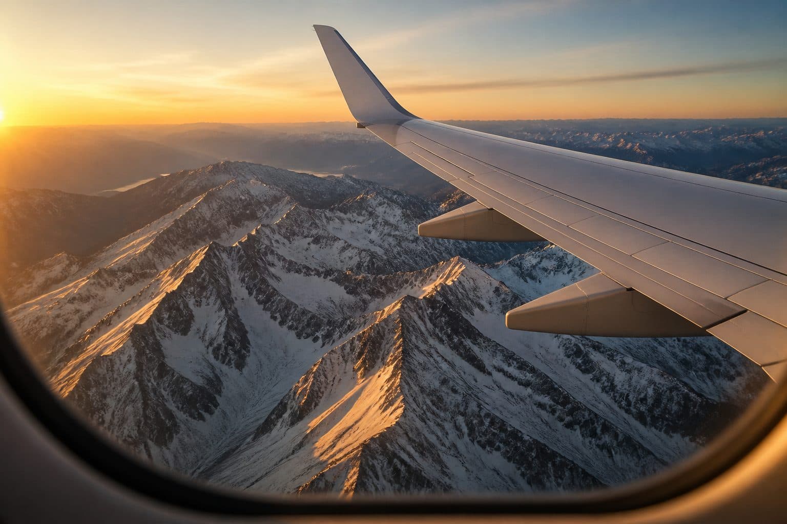 Airplane wing over snow-capped Alpine peaks at golden hour