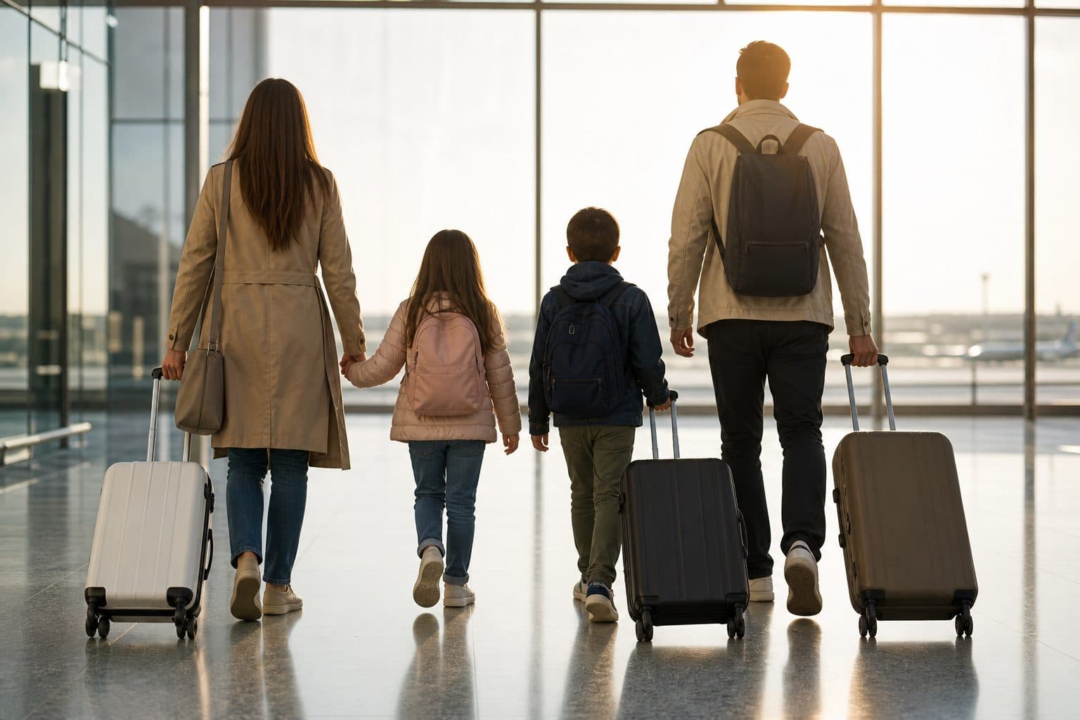 Family of four with luggage walking through a bright airport terminal