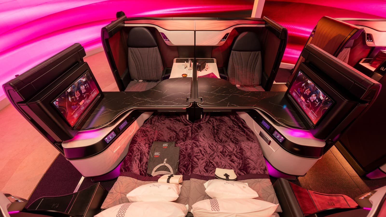 Qatar Airways Qsuite Next Gen double suite cabin display
