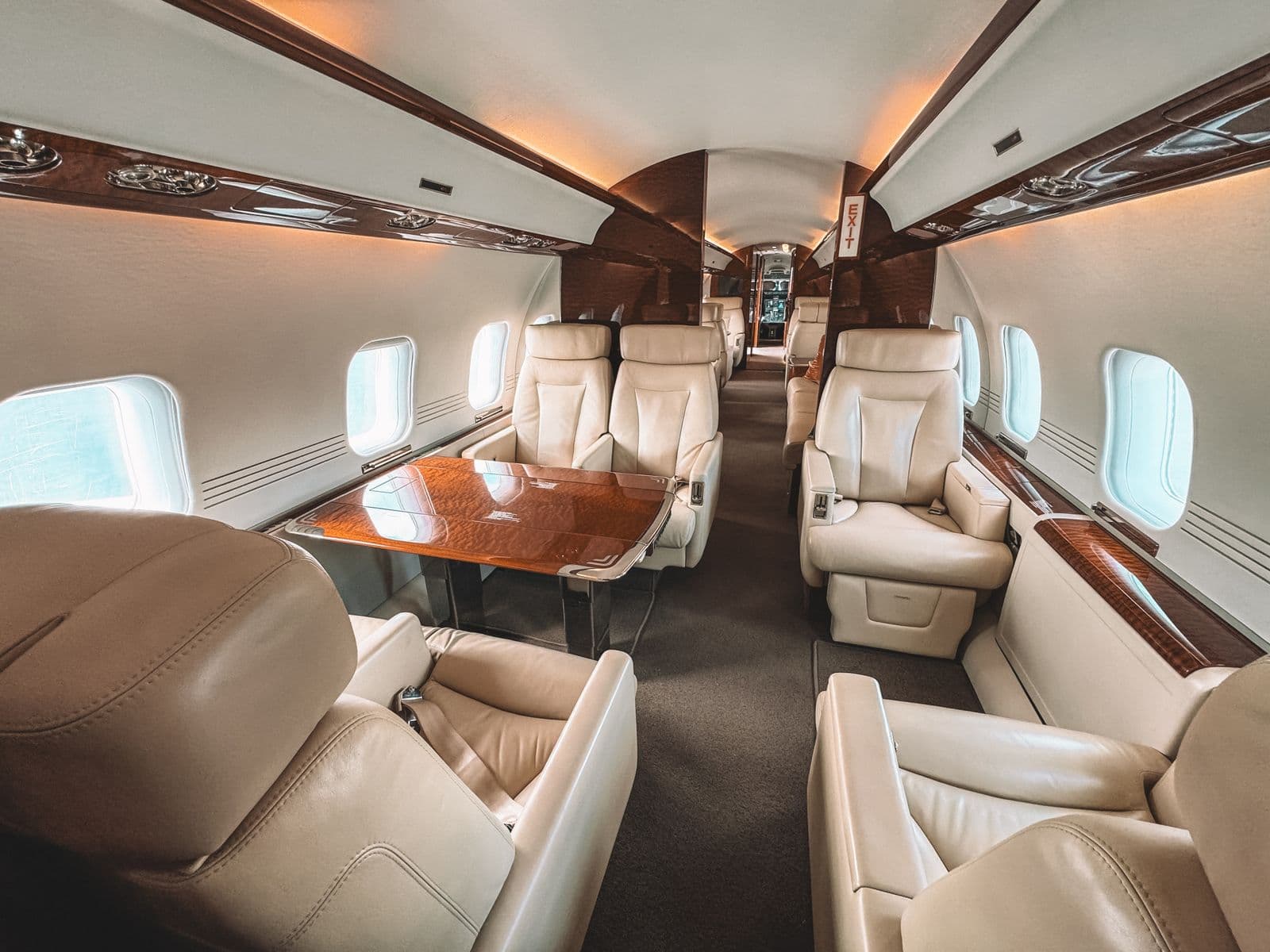 Premium aircraft cabin with leather seats and wood trim