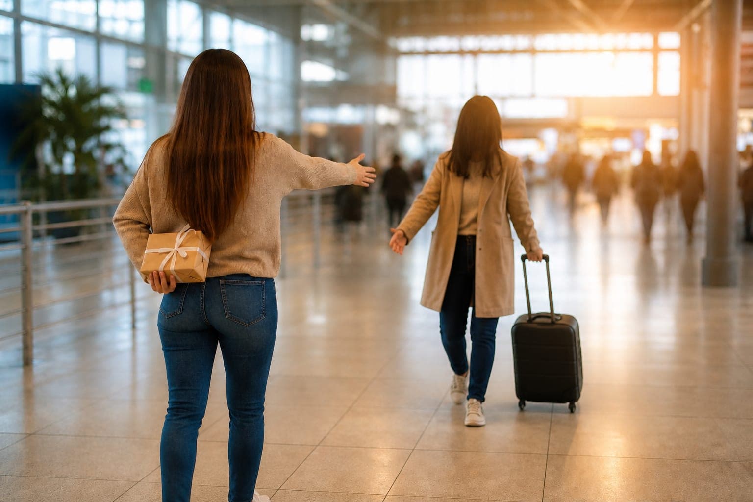 Person holding a wrapped gift greeting an arriving traveler at the airport