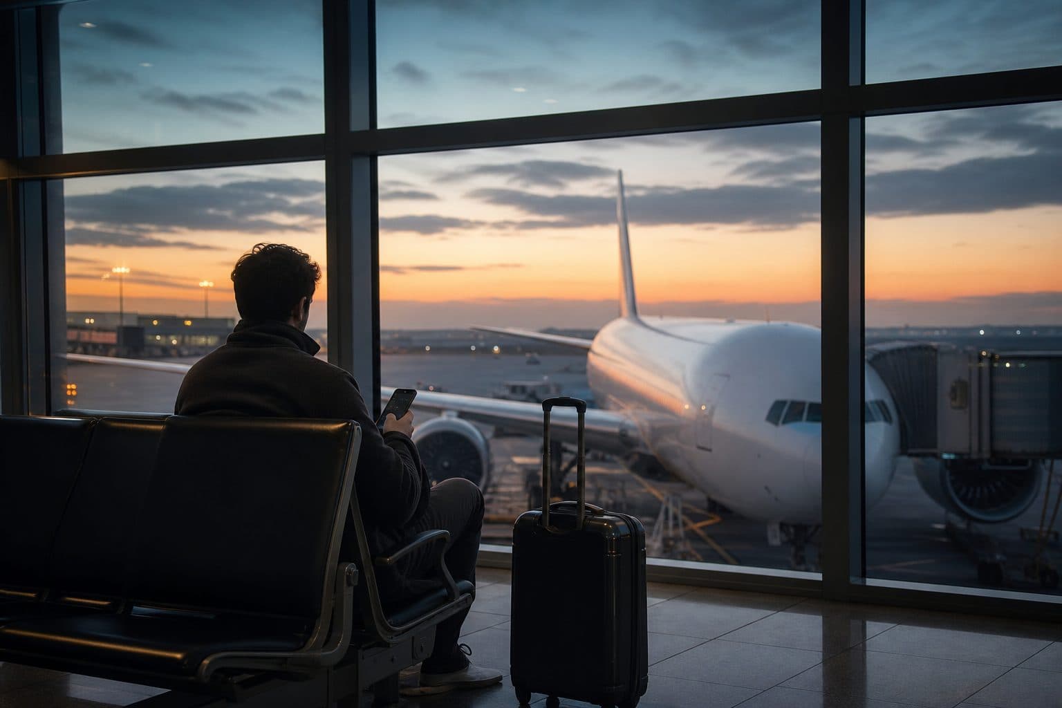 Traveler with a suitcase checking a phone at an airport gate at dusk