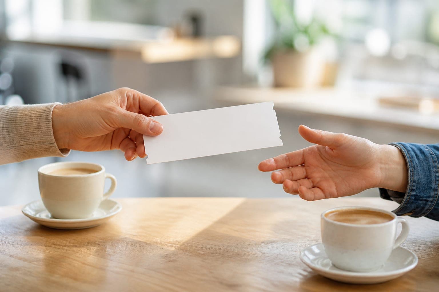 One hand passing a blank airline ticket to another over a cafe table