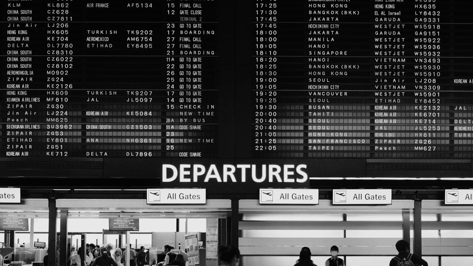 Airport departures board above travelers at an international terminal