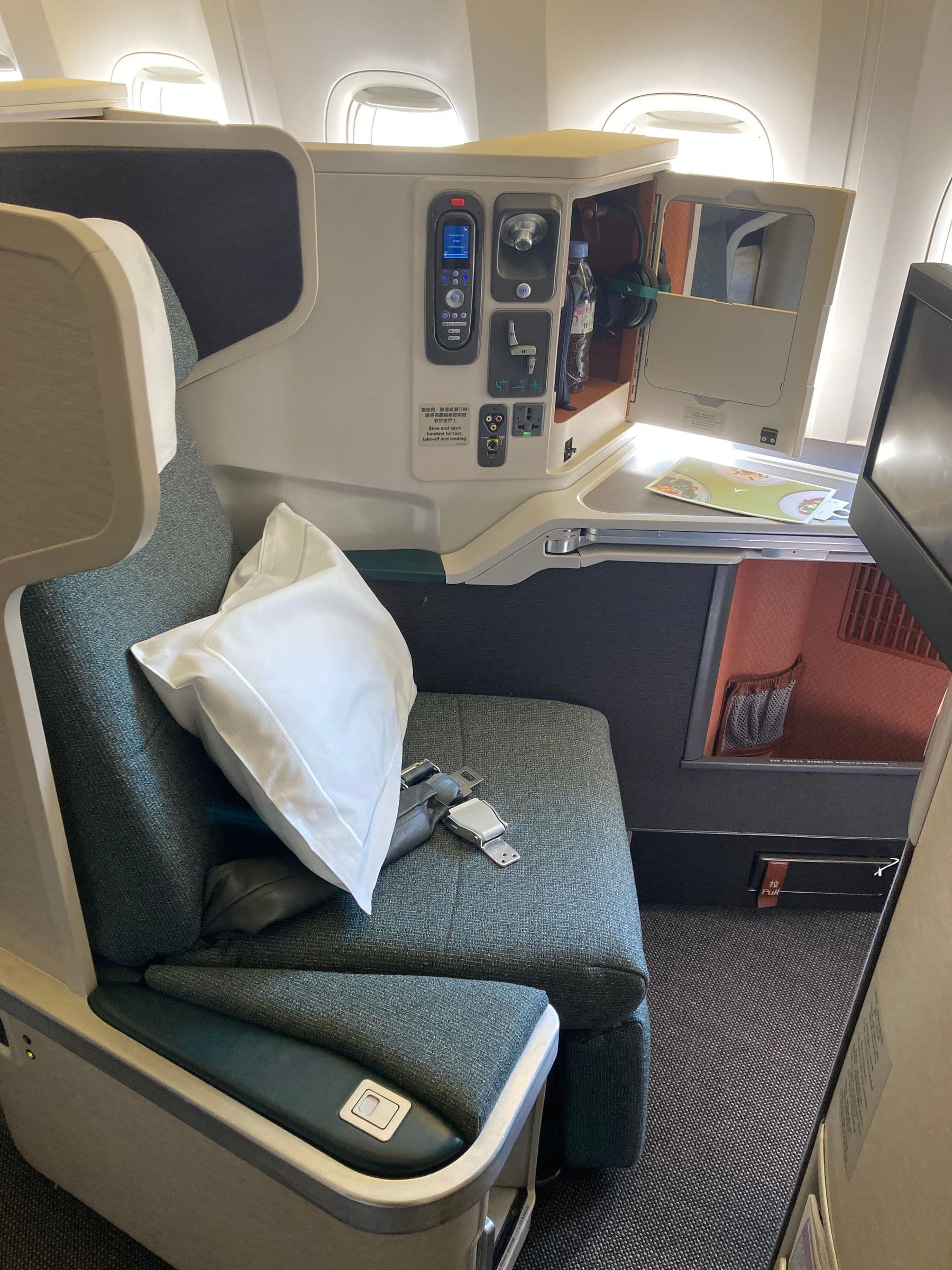 Real Cathay Pacific long-haul business-class seat with direct aisle access
