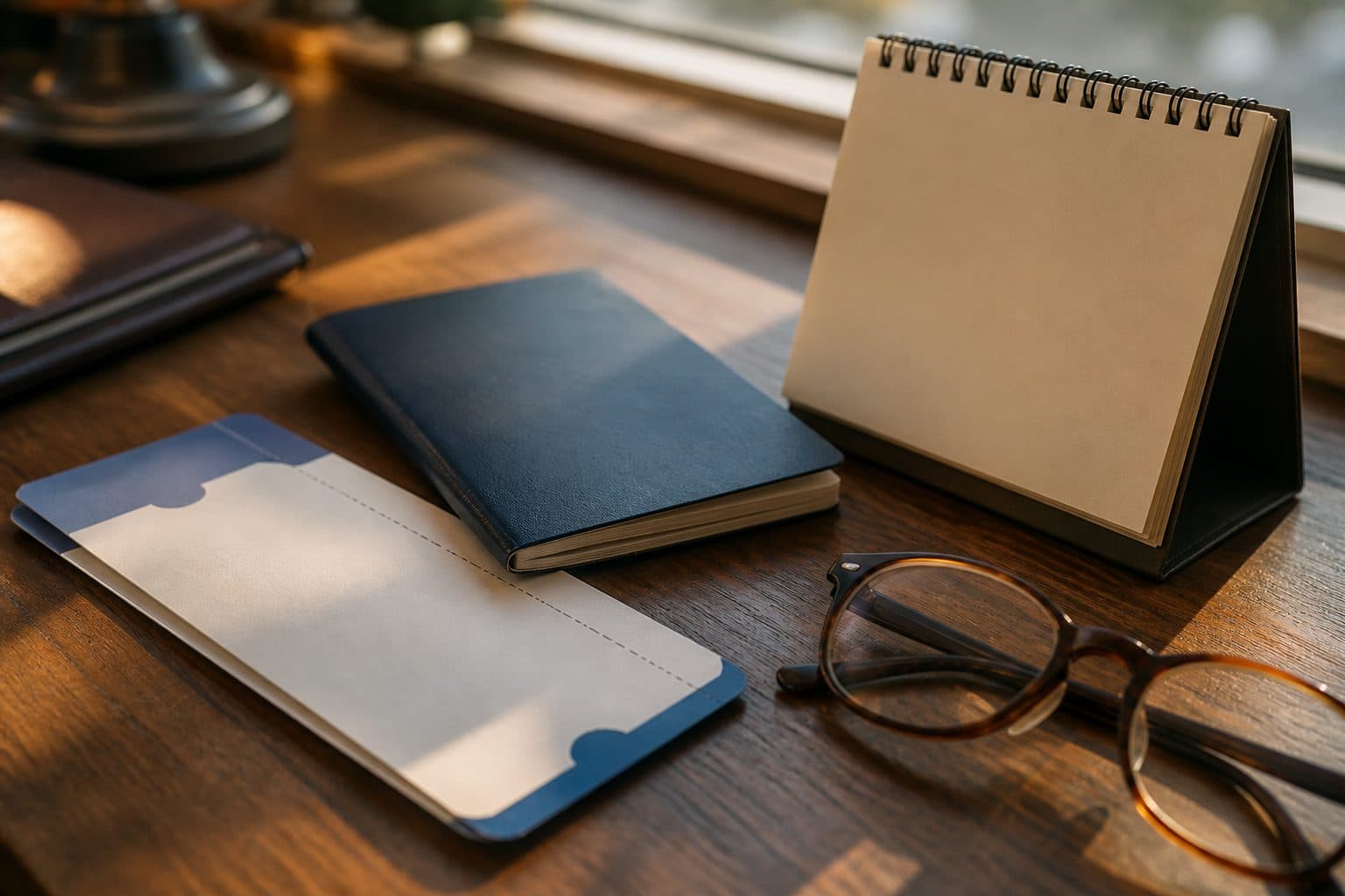 Blank airline ticket and passport beside a desk calendar in warm light