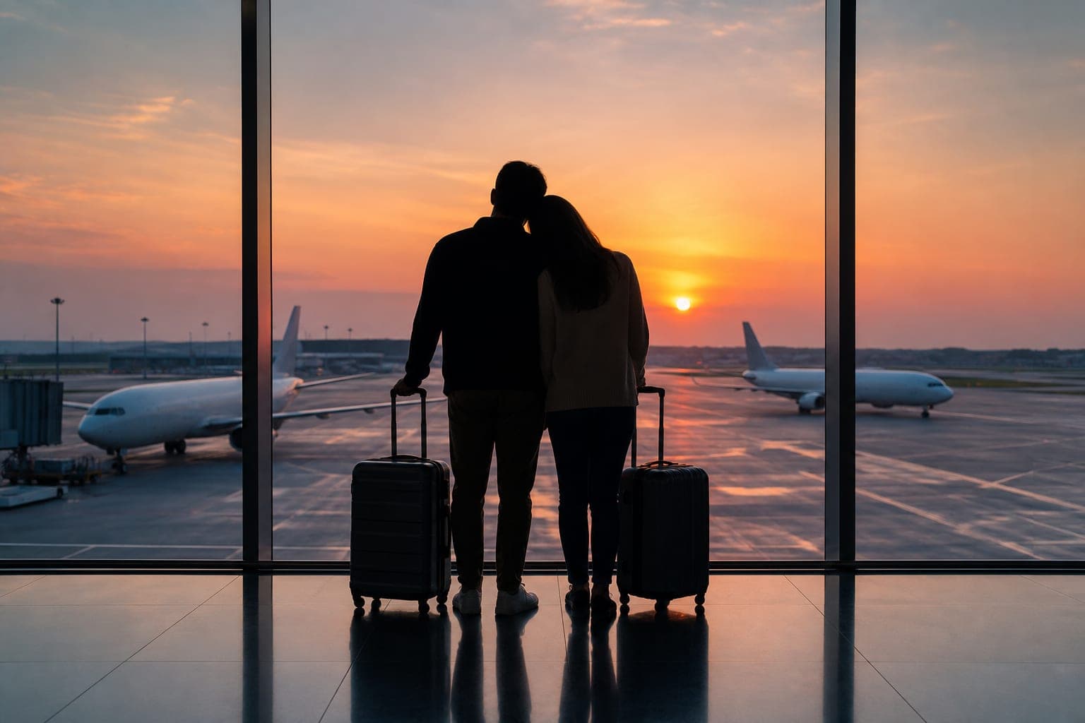 Couple silhouetted at an airport window at sunset with two suitcases