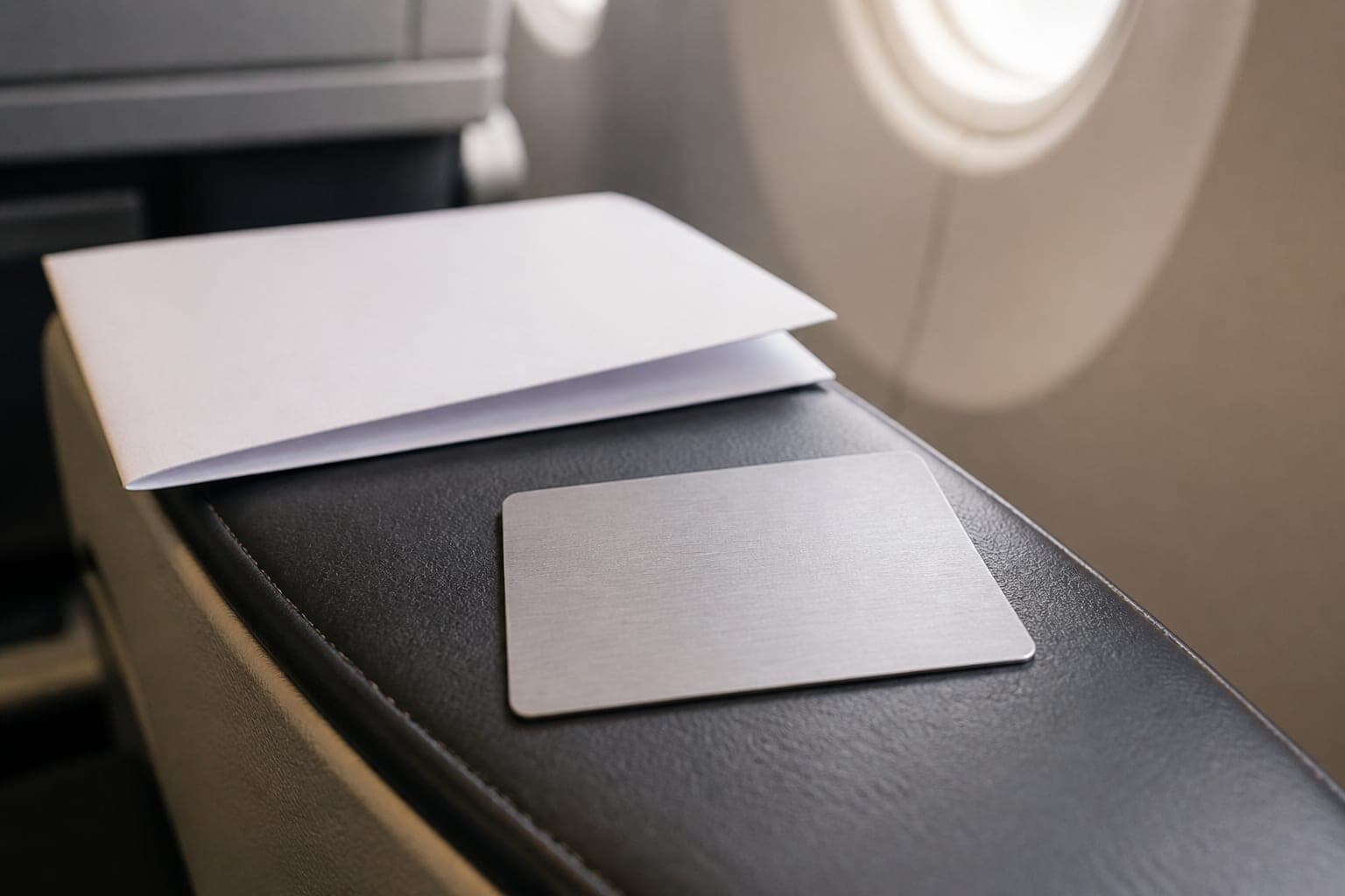 Blank silver loyalty card and folded boarding pass on an airline armrest