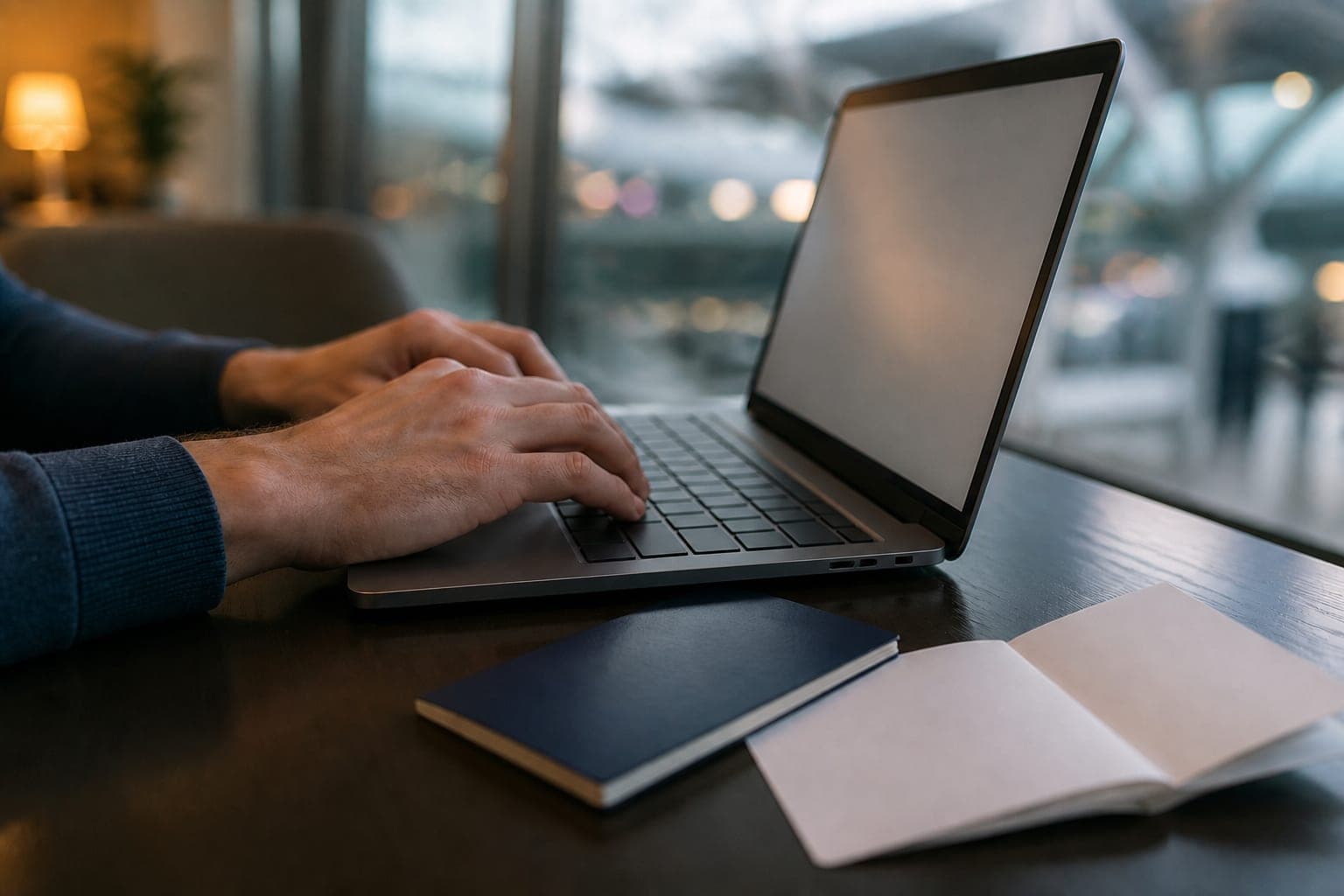 Hands typing on a laptop in an airport lounge beside a passport