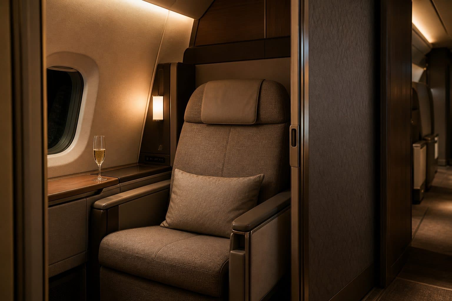Unbranded international first-class suite with a sliding privacy door