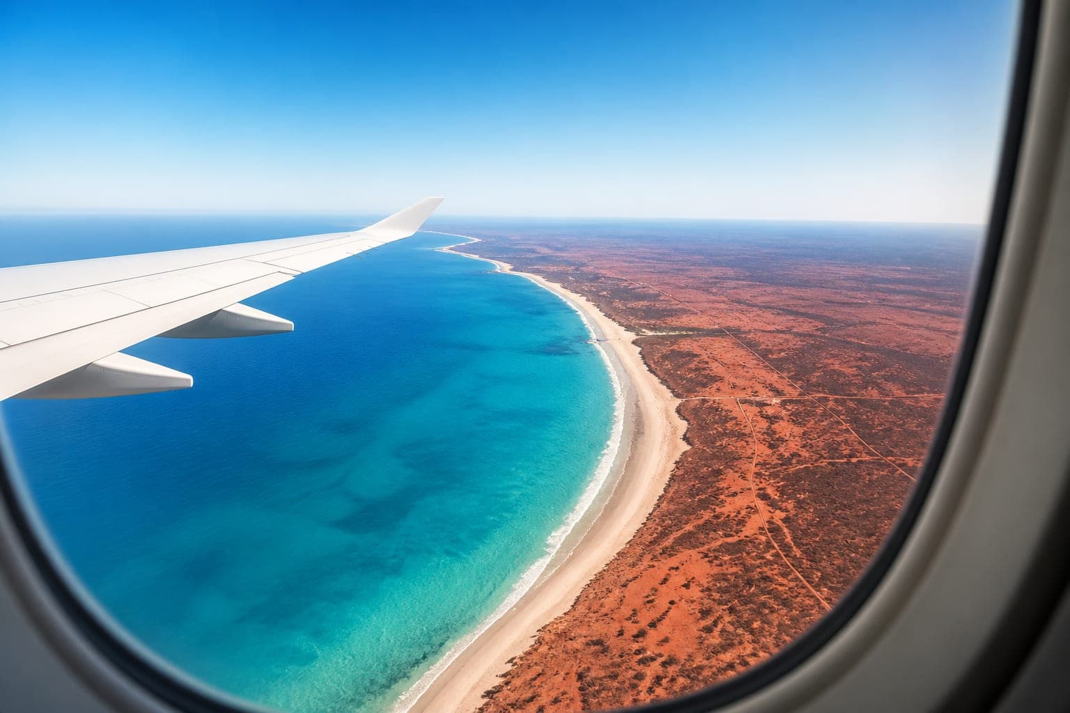 Airplane wing over turquoise ocean and red-earth coastline from a window seat