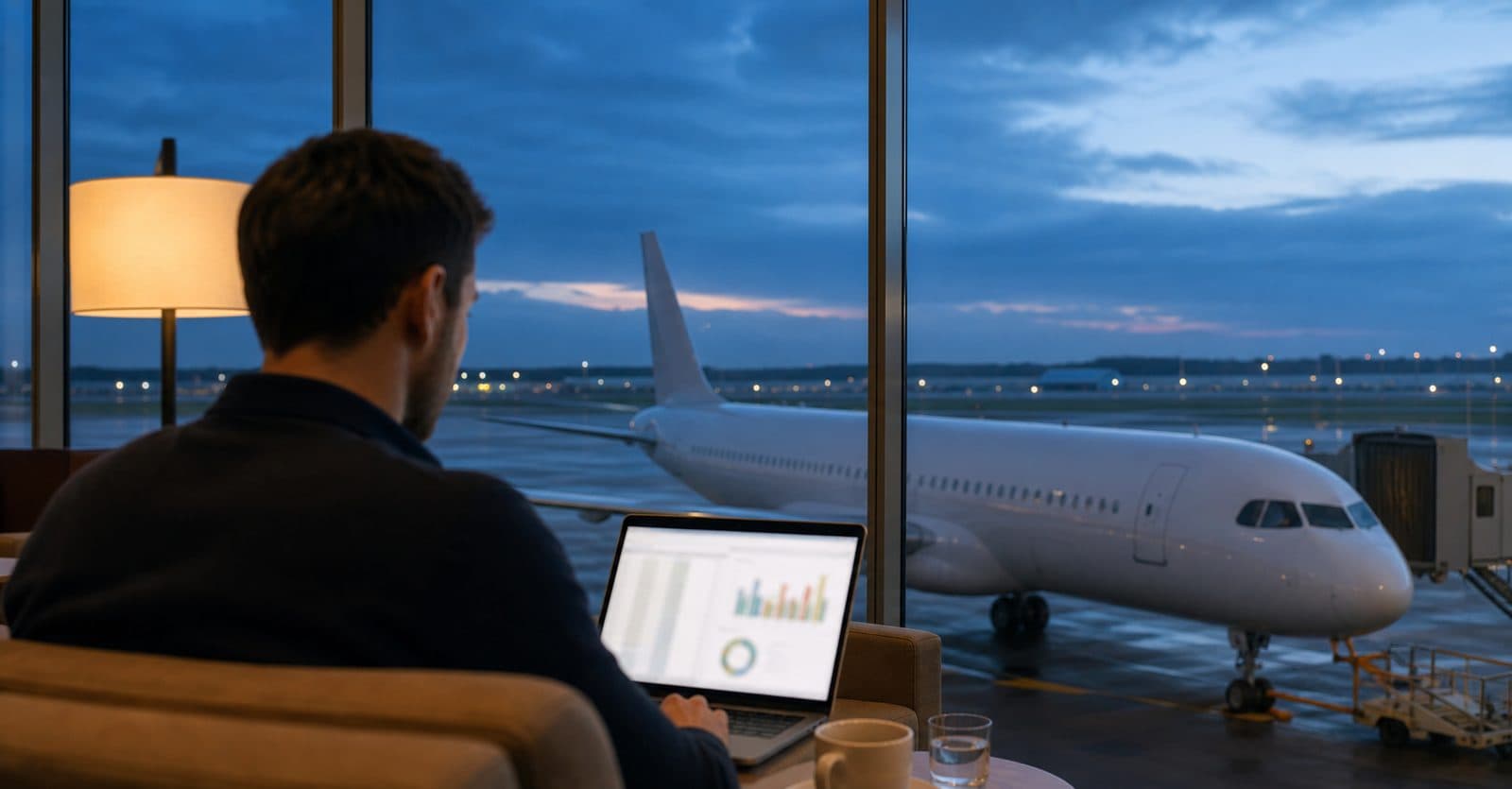 Traveler waiting in an airport terminal and looking out over the runway