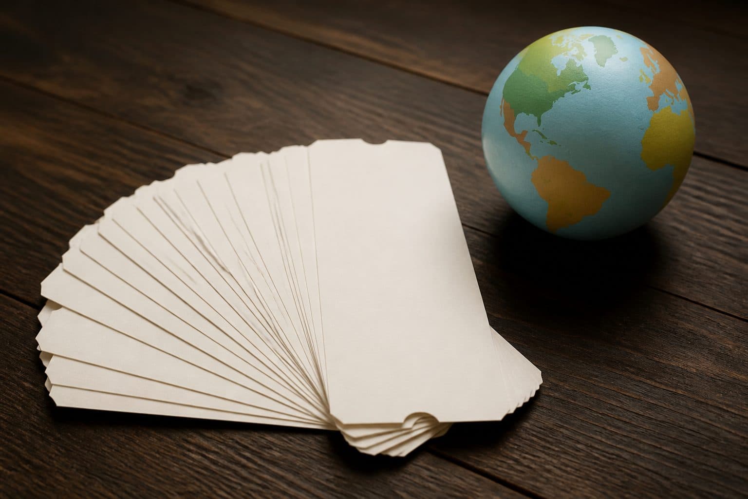 Fan of blank boarding passes beside a small globe on a dark desk
