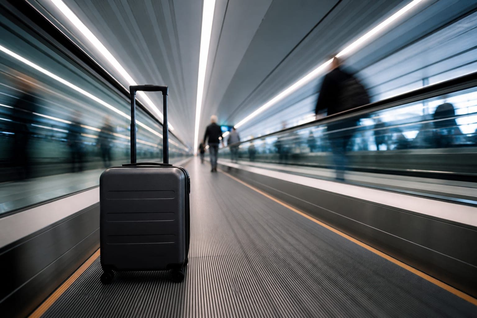 Rolling suitcase on an airport moving walkway with motion-blurred travelers