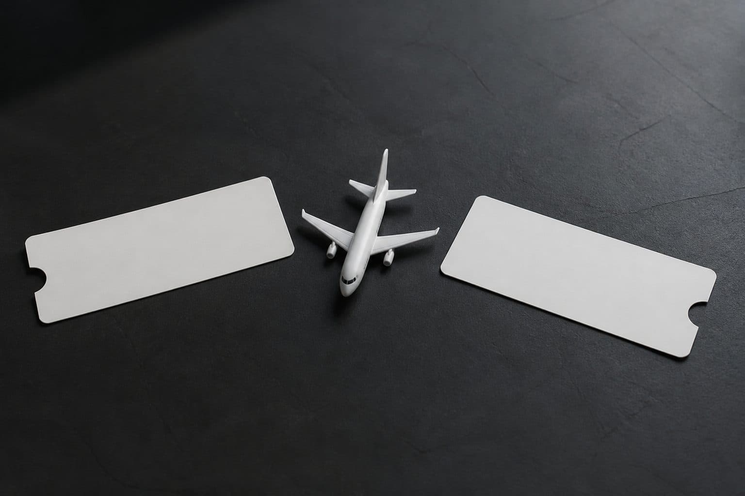 Two blank boarding passes pointing opposite directions with a model airplane between them