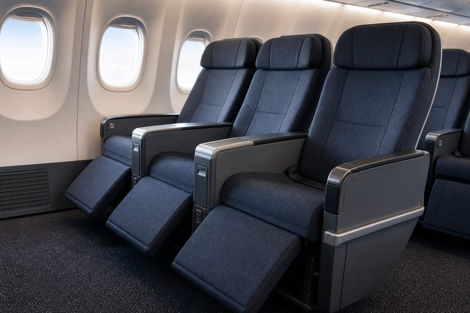 Premium economy recliner seats with leg rests in a calm cabin