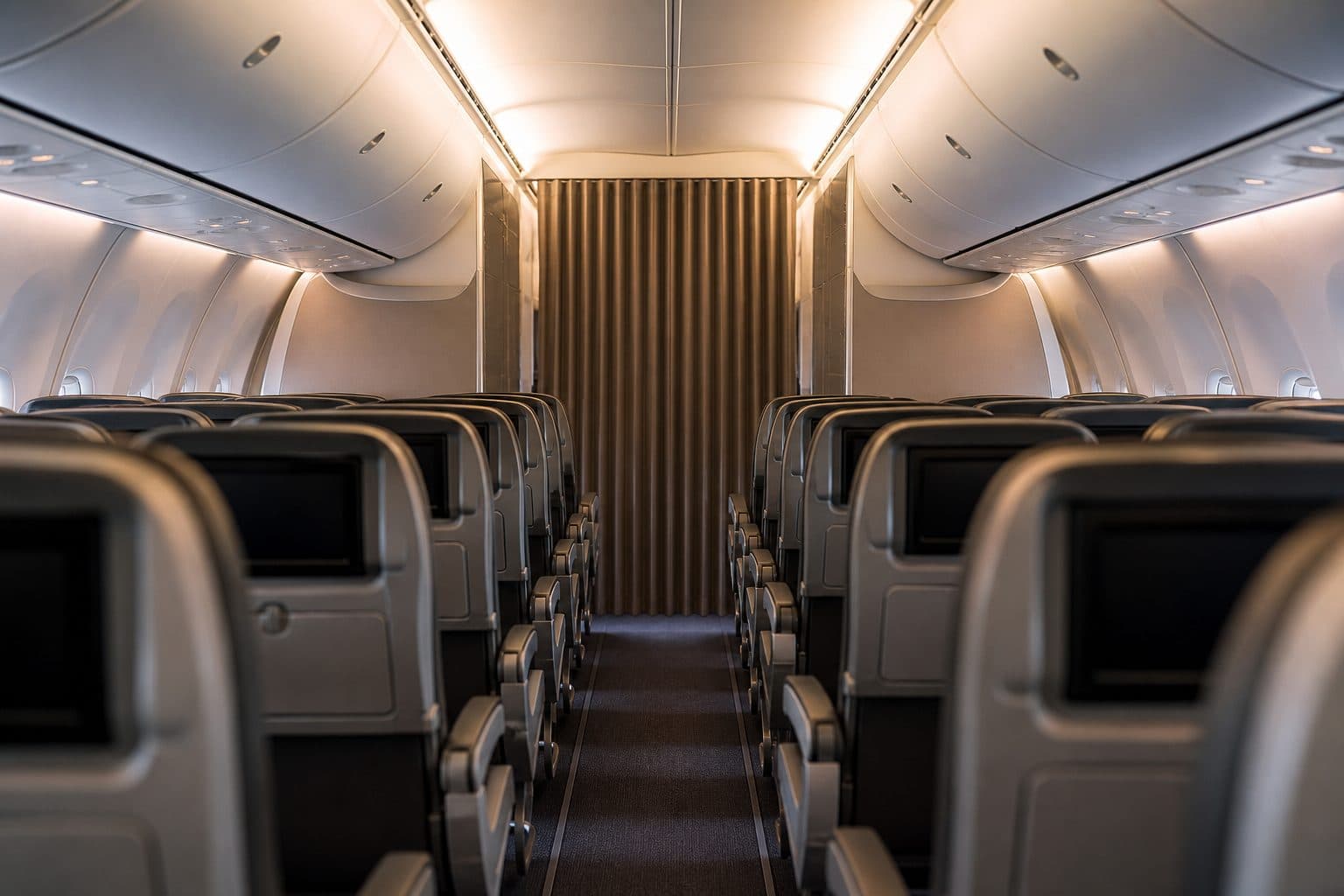 Aircraft cabin aisle looking toward the premium cabin divider curtain