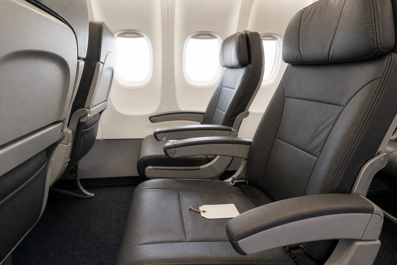 Single airplane seat in an empty cabin row with a blank paper tag