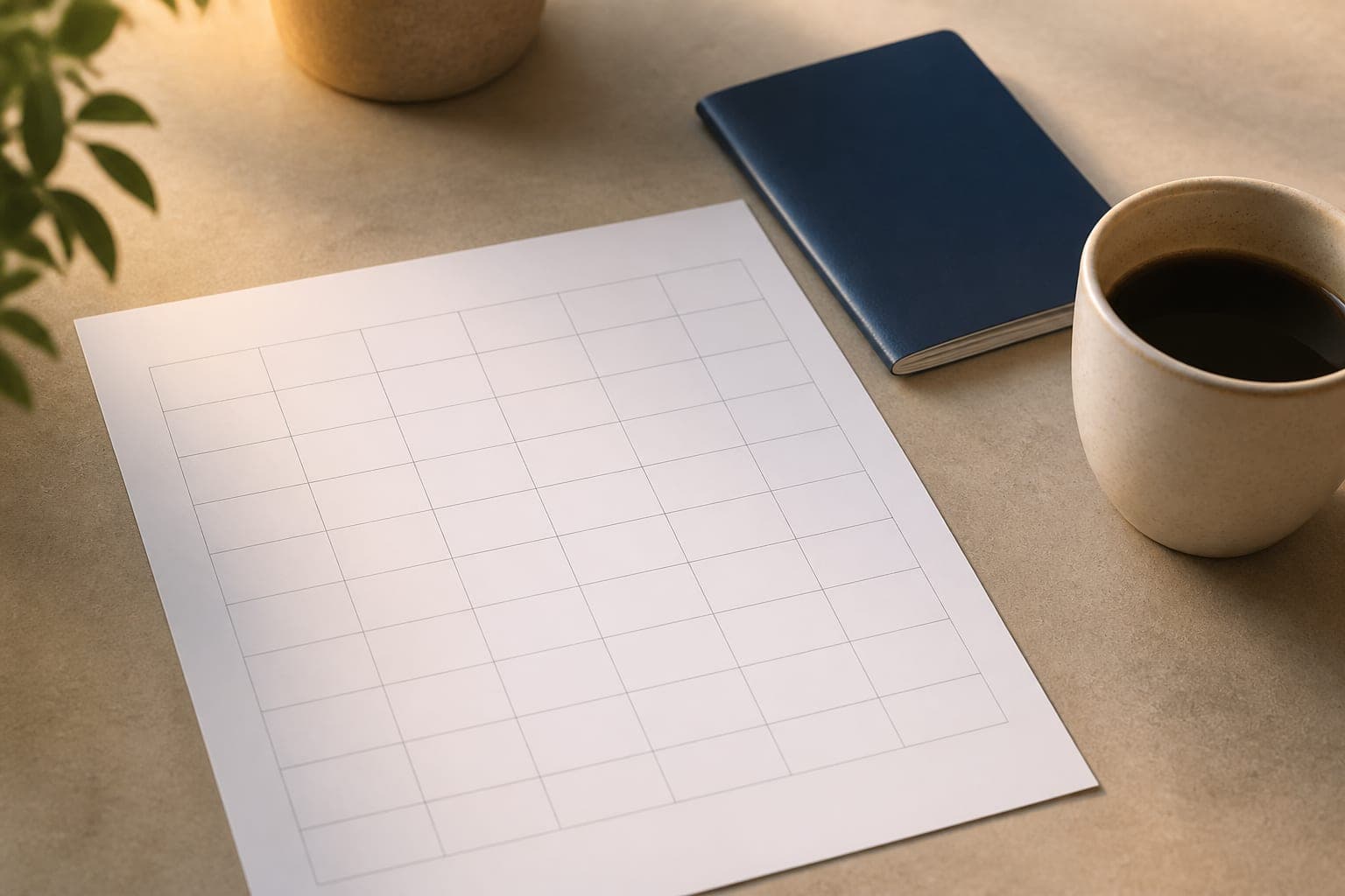 Blank printed table beside a passport and coffee on a desk