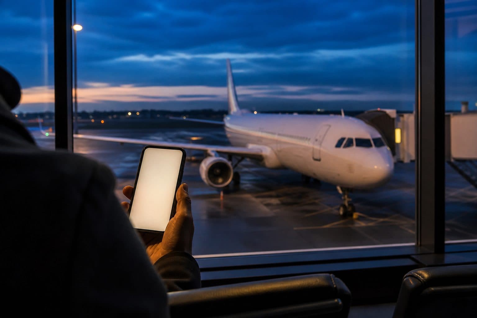 Traveler holding a phone at an airport window at blue hour