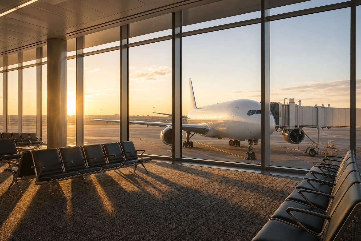 Empty airport gate seating at sunrise with an aircraft at the jet bridge