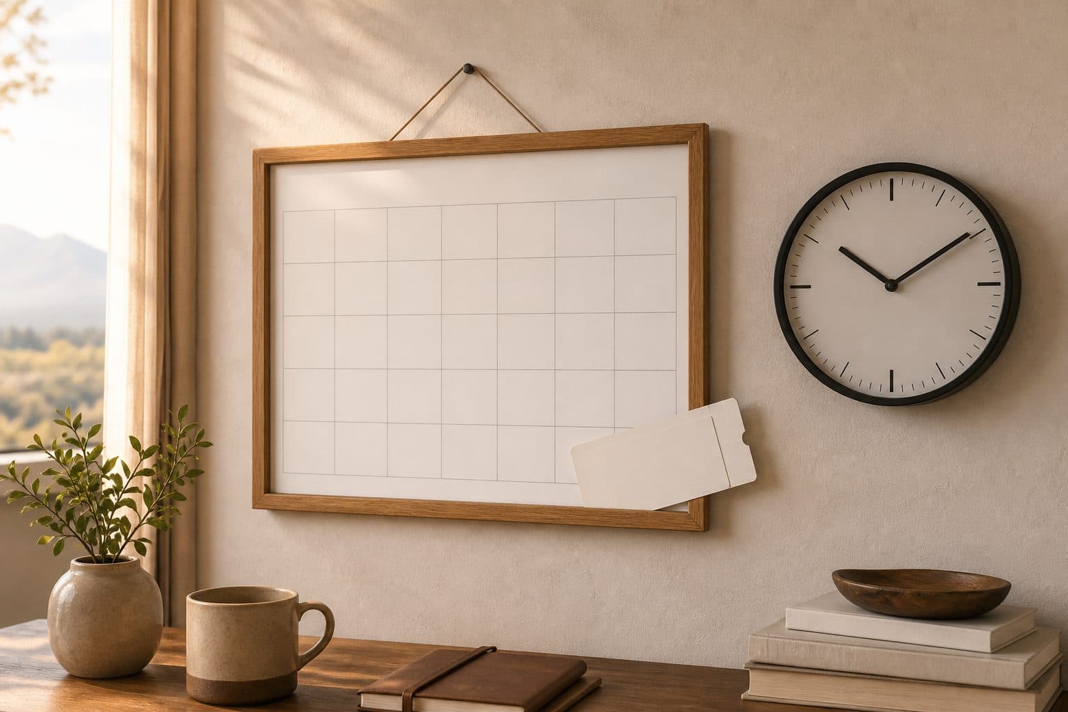 Blank wall calendar beside a clock with a boarding pass tucked into the frame