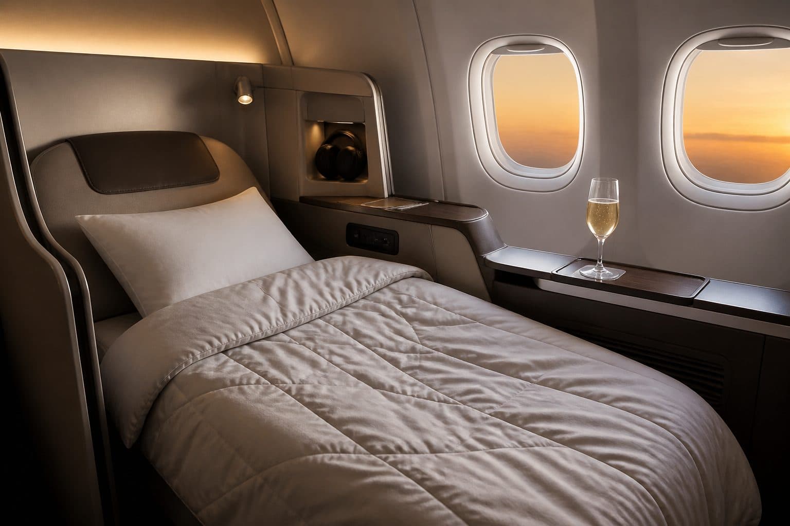 Lie-flat business class seat with champagne in soft evening light