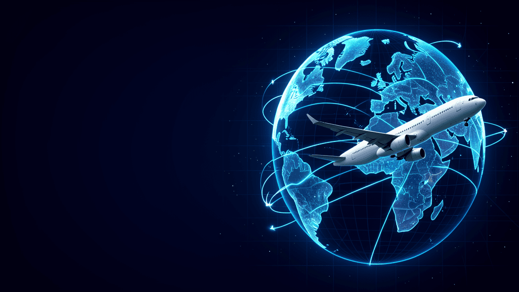 Airplane route across a world map